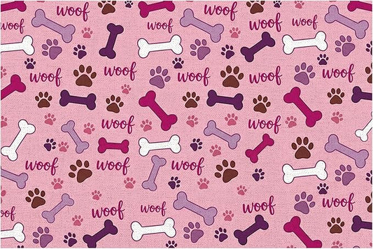 Dog Feeding Mat 24 x 16 Inch, Pink Paw Bone Woof Dog Placemat Absorbent Quick-Dry for Food and Water, Waterproof Non Slip Rubber Pet Bowl Pad Mat for Floors