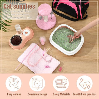 Eccliy Kitten Starter Kit, 10 Pcs Cat Starter Kit for Indoor Cats Kitten Essentials Includes Litter Box, Pet Toy, Folding Carrier, Climbing Frame, Mat, Collar, Automatic Food Bow(Classic,Pink)