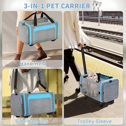 Rolling Pet Carrier with Detachable Wheels - 18x11x11 TSA Airline Approved for Southwest Delta United American, Soft Sided Expandable Travel Bag for Small Dogs & Cats up to 15Lbs, Fits Under Seat