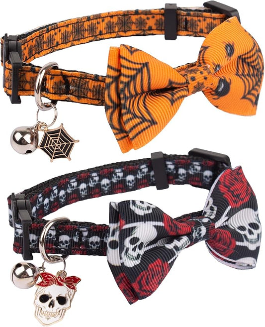 ADOGGYGO Halloween Cat Collars with Bow Bell, Breakaway Kitten Bowtie Collar Spider Web Skull Halloween Collars for Girl Boy Cats Kittens