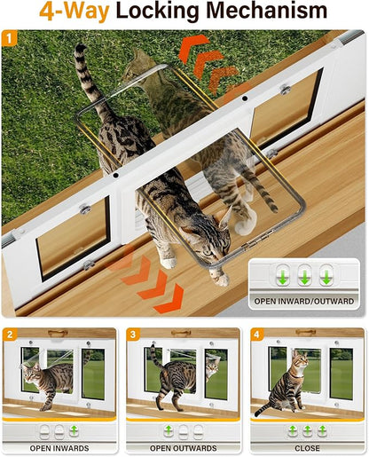 Cat Door for Window Weatherproof: Aluminum Frame Flap Pet Door Quick Fit Window Insert - Easy Adjustable to Fit Windows Width 27"-32" - 4 Secure Lock Modes with Magnetic Closure for Dog Cats
