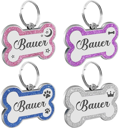Dog Tags Personalized for Pets Dog Name Tags Personalized Dog Tag Engraved with Any Name & Text Custom Dog ID Tags Glitter Bone ID Tag for Puppy Cat (Pink S, Bone)