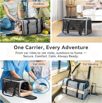 PETSFIT Soft-Sided Cat Carrier with Patented Safety Buckles, Lockable Zippers & Safety Tether,Escape-Resistant Travel Pet Carrier for Car Rides & Vet Visits, Airline Approved Under-Seat, Up to 12 lbs