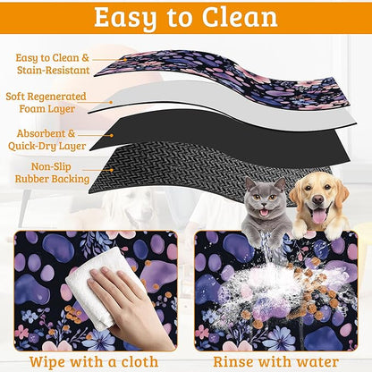 Paw Print Dog Food Mat,Watercolor Flower Absorbent Pet Feeding Mat for Food and Water Bowl,Quick Dry Dog Placemat Non Slip Rubber Backing Waterproof Pet Supplies 16" x 24"