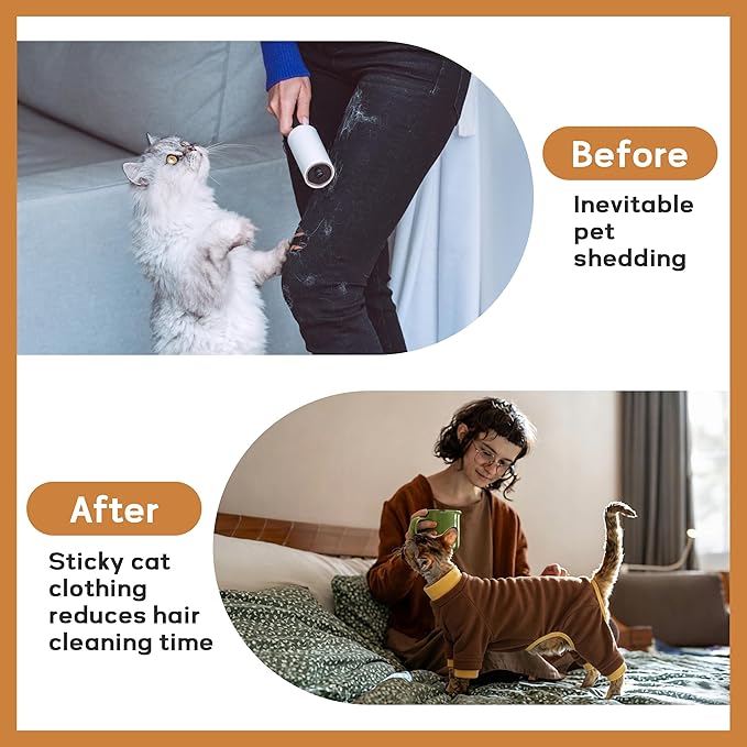 PUMYPOREITY Cat Recovery Suit, Stops Wound Licking After Surgery, Sticky Hair Shirt with Sticky Fabric, Cat Pajamas Prevents Over-Grooming, Brown, S