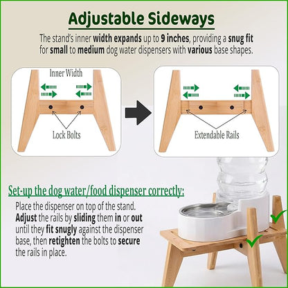 Dog Water Bowl Dispenser Stand - Elevate/Raise Automatic Dog Feeder, Food/Water Dispensers - Adjustable, Fits Various Shapes and Sizes - Natural Bamboo