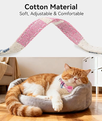 Joytale Upgraded Cat Collar with Bells, Breakaway Cat Collars with Bow Tie, 2 Pack Girl Boy Safety Plaid Kitten Collars, Haze Blue+Pink