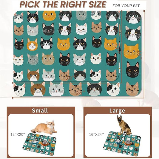 Cute Cat Dog Food Mat,Absorbent Pet Feeding Mat with Rubber Backing,Non-Slip Water Bowl Placemat,Indoor Pet Accessories Supplies 12"x20"