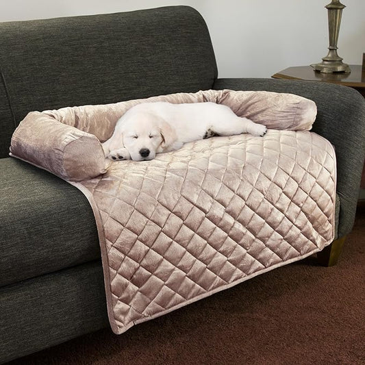 Couch Cover for Dogs - 35x35 Pet Furniture Protector with Memory Foam Neck Bolster, Quilted Fabric, and Water-Resistant Base Layer by PETMAKER (Beige