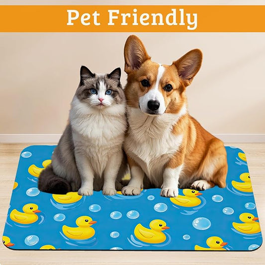 Yellow Rubber Ducks Dog Food Mat,Soap Bubbles Absorbent Pet Feeding Mat for Food and Water Bowl,Quick Dry Dog Placemat Non Slip Rubber Backing Waterproof Pet Supplies 16" x 24"