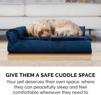 Furhaven Orthopedic Dog Bed for Large/Medium Dogs w/ Removable Bolsters & Washable Cover, For Dogs Up to 55 lbs - Plush & Velvet L Shaped Chaise - Deep Sapphire, Large