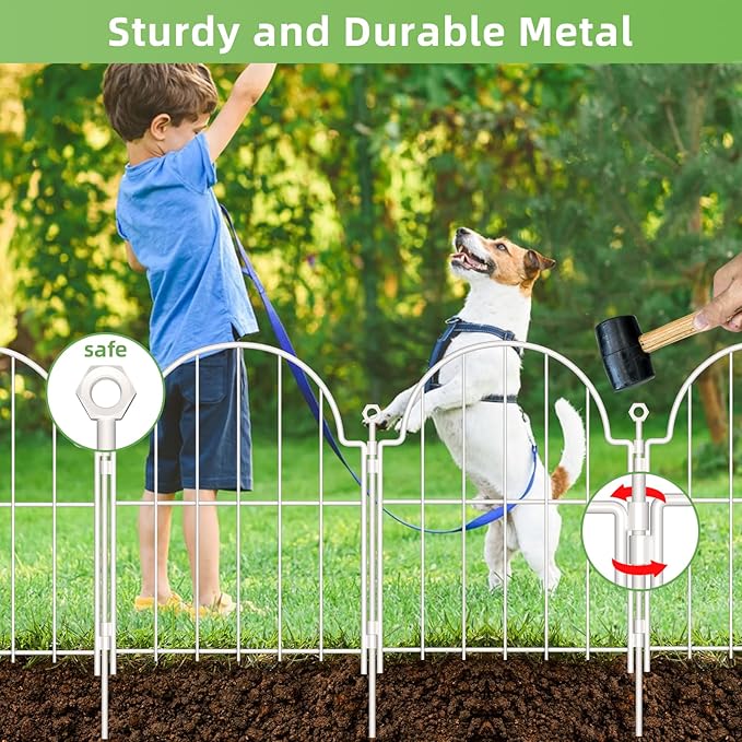 10 Pack Decorative Garden Fence, 17in x10ft Garden Fencing Animal Barrier for Dogs, Rustproof Metal Fence Panels with Ground Stake, Arched Flower Bed Edging Borders for Yard & Patio, White