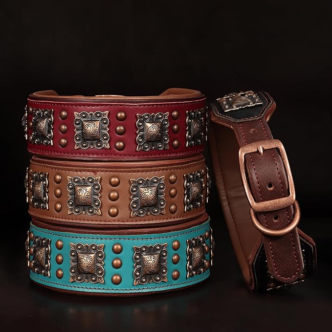 PET ARTIST Genuine Leather Dog Collar for Large Dogs, 2 inch Wide Luxury Dog Collar with Rivet Studded & Metal Buckle, Comfortable & Stylish Pet Collars for Great Dane Rottweiler,Red,Neck 22-25"