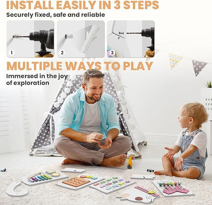 BlueWood Wooden Wall Busy Board Panels, Toddler Learning Activity Center, Montessori Philosophy Sensory, Educational Toys, Conducive to All-Round Development - Cat