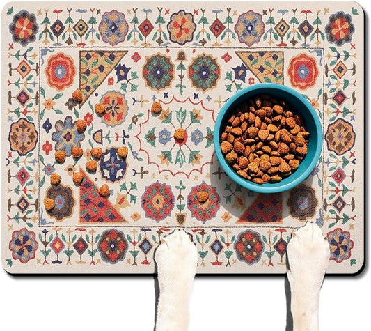 Moroccan Trellis Dog Food & Water Mat, Boho Colorful Vintage Pet Feeding Mat for Floor Non-Slip Waterproof, Super Absorbent Cat Bowl Mat, Easy to Clean Durable Pet Placemat,24" × 32"