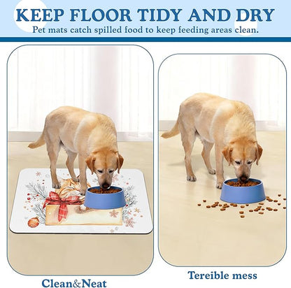 Cat Dog Cat Food Mat–Christmas Stocking Absorbent Waterproof Placemat for Food and Water Bowls, Non Slip Rubber Backing, Feeding Mat for Clean Floors 12"x20"