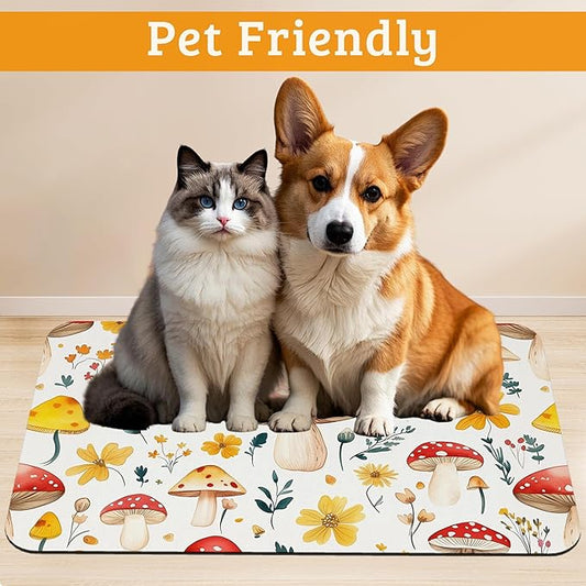 Pet Feeding Mat,Mushroom Absorbent Dog Cat Food Mat Flowers Dog Mat with Rubber Backing,Non-Slip Water Bowl Placemat,Pet Supplies 16" x 24"