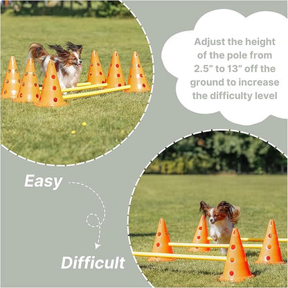 TRIXIE Dog Agility Hurdle Cone Set – Dog Agility Set with Height Adjustable Crossbar for Beginners & Advanced, Dog Agility Equipment for Dog Obstacle Courses – 6 x Cones, 3 x Agility Rods