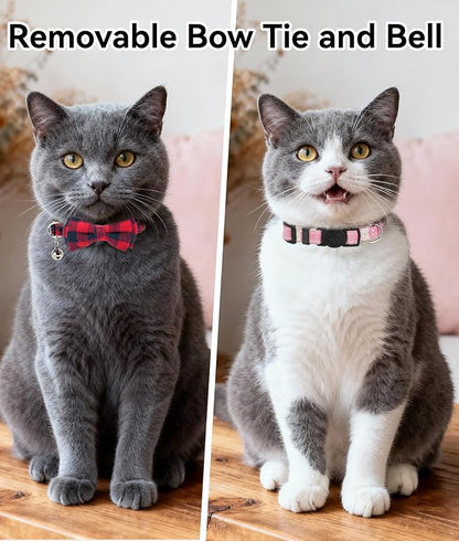 Joytale Upgraded Cat Collar with Bells, Breakaway Cat Collars with Bow Tie, 2 Pack Girl Boy Safety Plaid Kitten Collars, Pink+Red