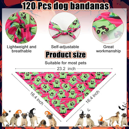 Sanwuta 120 Pcs Halloween Dog Bandanas Bulk Skeletons Pumpkin Bat Skull Ghost Spider Pet Costumes Scarf Washable Pet Scarves Adjustable Bibs for Small and Medium Pets, 30 Styles(Halloween)
