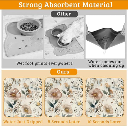 Vintage Flowers Dog Cat Food Mat,Herbs Absorbent Waterproof Placemat for Food and Water Non Slip Rubber Backing Durable Feeding Pad for Clean Floors 12" x 20"