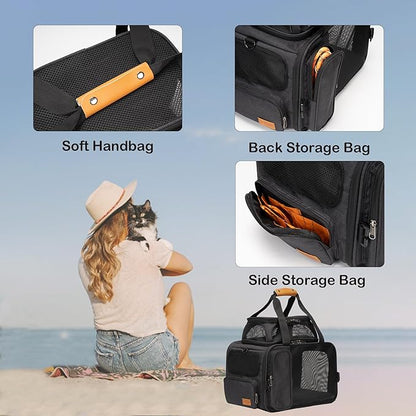 Expandable Pet Carrier Bag - Airline-Approved, Breathable Mesh, Secure Zippers, Padded Handle & Multi-Pockets (Dark Grey)