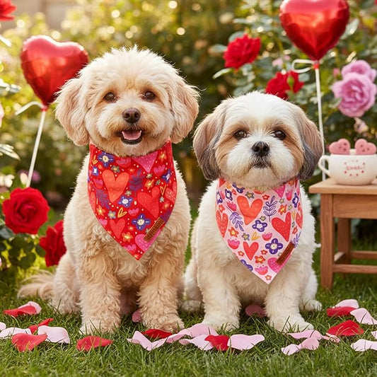 ADOGGYGO Valentines Dog Bandana 2 Pack, Heart and Floral Print Puppy Scarf Bib, Adjustable Fit Red Pink Valentines Bandanas for Small Dogs Pets (Small)
