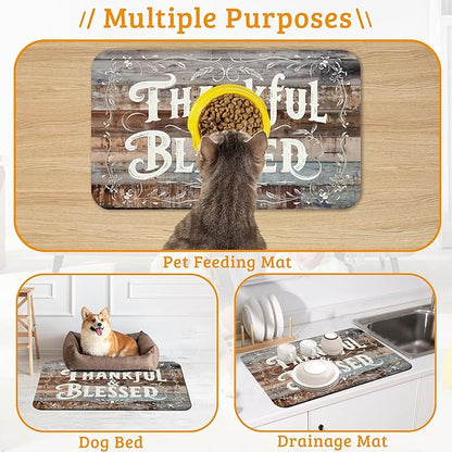 Thankful Feeding Mat,Blessed Absorbent Quick-Dry Cat Dog Food and Water Bowl Mats,Non-Slip Rubber Backing Mat,Cat Dog Accessories Supplies 16" x 24"