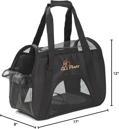 Pawer Soft-Sided Pet Carrier for Cat and Small Dog,Black Color,Medium Size,Washable 600D Oxford Cloth Airline Approved Travel Tote,with 2 Mesh Opens and a Strap for Carry,Multiple Colors Available