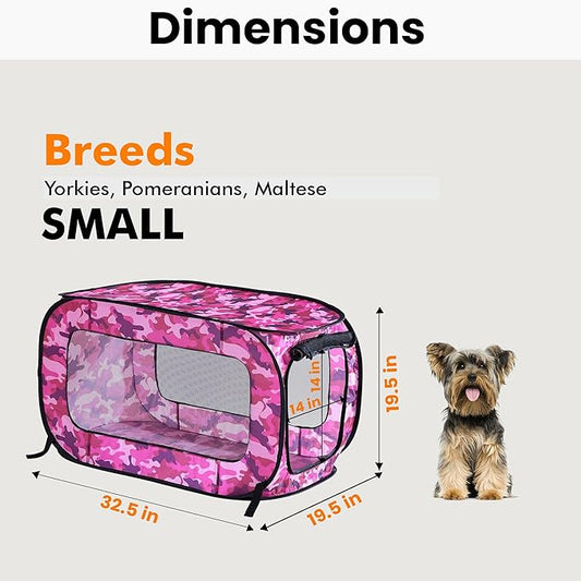Beatrice Home Fashions Portable, Collapsible, Pop Up Kennel Travel Cat and Dog Crate, 32.5" L x 19.5" W x 19.5" H, Camo Pink