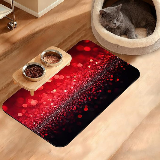 Red Gradienr Feeding Mat,Black Glitter Absorbent Quick-Dry Cat Dog Food and Water Bowl Mats,Non-Slip Rubber Backing Mat,Cat Dog Accessories Supplies 12" x 20"