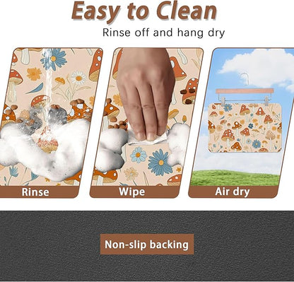 Cute Mushroom Flower Dog Cat Food Mat,Absorbent Pet Feeding Mat with Rubber Backing,Non-Slip Water Bowl Placemat,Indoor Pet Accessories Supplies 16"x24"