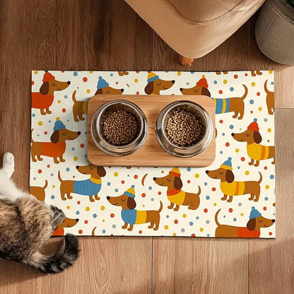 Adorable Dachshund Puppy Pet Food Mat with Colorful Polka Dot Pattern Pet Bowl Mat for Dogs and Cats Non Slip Feeding Mats Easy Clean Fast Dry Cat and Dog Feedings Mats 20" x 12"
