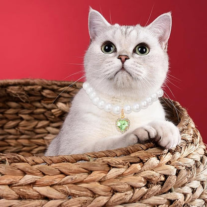 2pcs Cat Pearl Collar with Heart Pendant, Cute Pearl Pet Necklace in Small, Adjustable Wedding Party Small Dog Jewelry Accessories for Puppy Kitten- White & Green