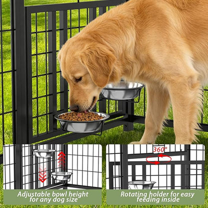 LOVMOR Outdoor Dog Kennel with Roof, Heavy Duty Steel Dog Run Enclosure for Small Dogs, Waterproof Canopy, Double Latch Door, Adjustable Feeding Bowls, Pet Pen for Yard and Patio, 4’L x 4’W x 4.25’H