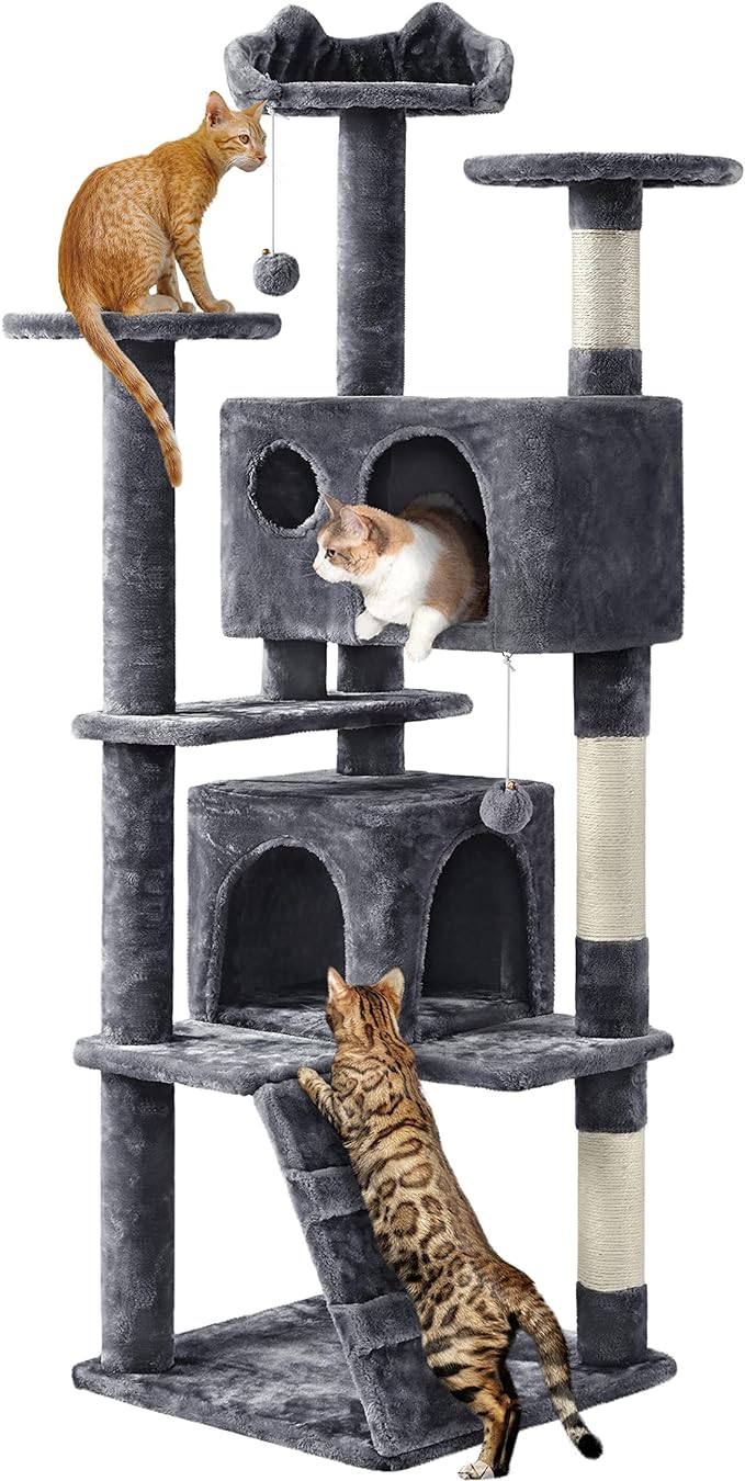 Yaheetech 62in Cat Tree Cat Tower for Indoor Kitty, Pet Furniture w/Double Condo, Scratching Posts, Multiple Platforms and Balls for Kittens, Dark Gray
