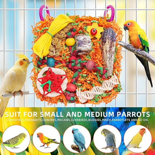 Bird Toys for Small & Medium Parrots - Natural Foraging & Shredding Cage Hanging Toys with Seagrass Mat, Starfruit, Loofah Slices for Budgies, Cockatiels, Lovebirds, Conures (1 PCS)