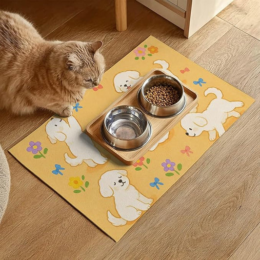 Bichon Frise Pet Food Mat Cute Spill-Proof Dog Water Bowl Mat Funning Mats for Cat Food and Water Bowls Cute Easy Clean Dog Bowl Mats Pet Placemat 20" x 12" Fast Dry Pets Feeding Pad