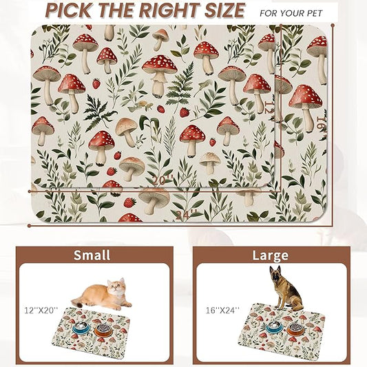 Red Mushroom Pet Feeding Mat,Fern Herb Berries Absorbent Quick-Dry Cat Dog Food and Water Bowl Mats,Non-Slip Rubber Backing Mat,Cat Dog Accessories Supplies 16"x24"