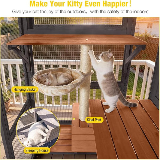 Aivituvin Catio Outdoor Cat Enclosure with Scratch Post, Hammock, Large Window Cat House for 2-6 Mulitiple Cats Walk in Kitty Cage with Tarp Roof 70" Black