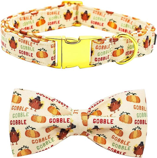 Dog Collar, Thanksgiving Turkey Pet Collar Bow Holiday Girl Boy Bow Puppy Collar Adjustable for X-Large Dogs