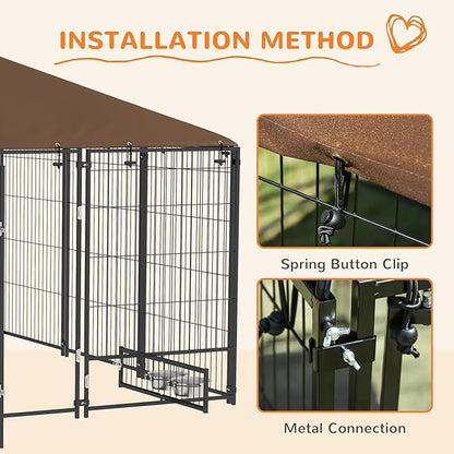 PawHut Outside Dog Kennel, 7' x 7' x 5' Puppy Play Pen with Canopy, Garden Playpen Fence Crate Enclosure Cage Rotating Bowl, for Dogs, Chickens, Ducks, Black