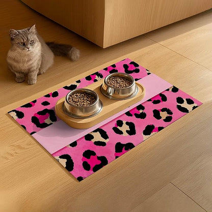 Puppy Feeding Mat 20x12 inch Pink Leopard Print Dog Bowl Placemat Non Slip Mat for Pet Food and Water Small Dog Feeding Area Indoor Puppy Feedings Station Pet Meal Mats for Kitchen
