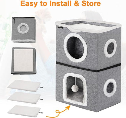 URPOWER 2 Story Cat Bed, Large Cat House for Indoor Cats Covered Cat Cave with Hideaway, Scratch Pad and Fluffy Ball, Foldable Cat Cube Condos Kitten Beds & Furniture for Multiple Small Pets