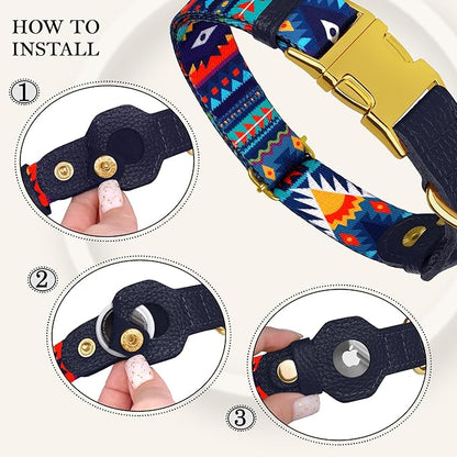 AirTag Dog Collar for Small Medium Large Breed - Adjustable Cute Pattern Dog Collar with Airtag Holder - Soft Leather Tracker GPS Apple Air Tag Pet Collars (Large, 17"-21" Neck Fit, Navajo)