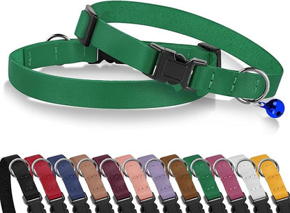 Breakaway Cat Collar with Bell - Leather Adjustable Kitten Collars with Safety Quick Release Buckle - Soft Small Pet Collars for Girl & Boy Cats (Green)