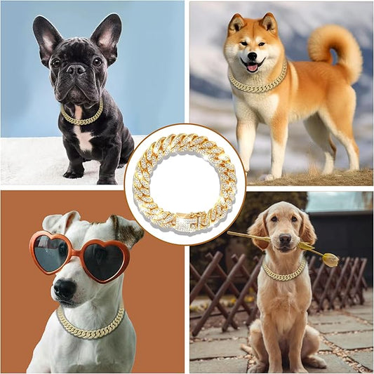 Dog Chain Designer Gold Crystal Pet Collar Cuban Link Chain with Secure Buckle Luxury Adjustable Necklacefor Small Medium Large Dogs Cats(Glod 20inch)