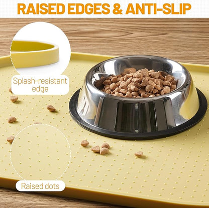 Hubulk 100% Waterproof Silicone Pet Feeding Mat with Raised Edge for Food and Water, Dog Bowl Mats, Cat Bowls Placemat with High Lip Protects Floor for Cats and Dogs (Yellow, 19" L x 12" W)