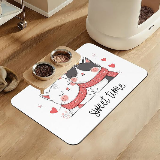 Sweet Cat Lovers Dog Cat Food Mat–Christmas Stocking Absorbent Waterproof Placemat for Food and Water Bowls, Non Slip Rubber Backing, Feeding Mat for Clean Floors 12"x20"
