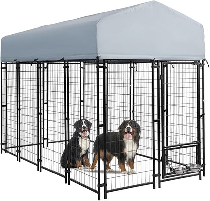 8x4x6 FT Outside Large Dog Kennel with roof - Outdoor Heavy Duty Welded Wire Steel Dog Playpen with Rotating Bowls, Dog Run Enclosure Crate Cage with Lockable Doors for Chicken, Rabbit